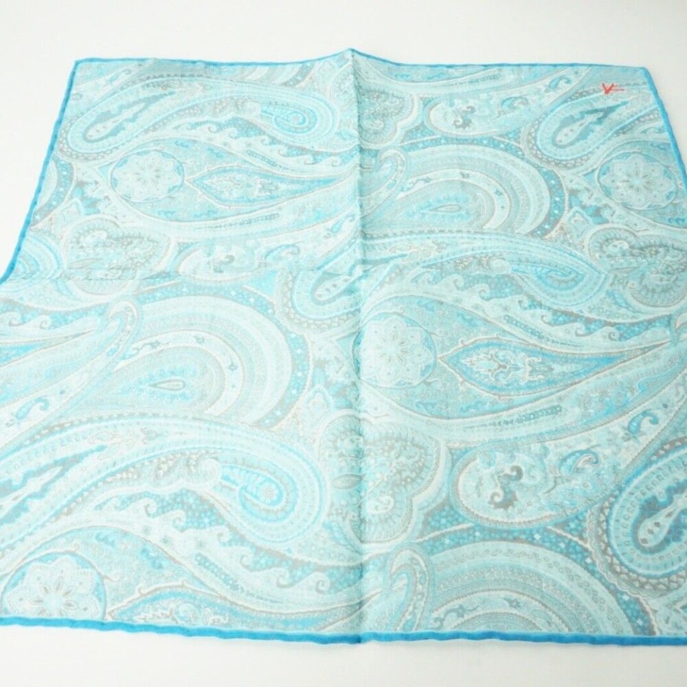 Isaia Jumbo Paisley Blue Teal White  Silk Blend Pocket Square Italy New